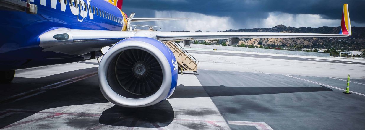 A photo of a Southwest Airlines plane docking.