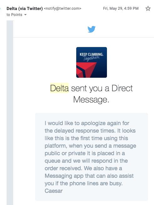 During Coronavirus it's sometimes easier to contact Delta via Twitter.