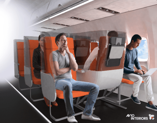 New airplane seating design for economy class airplane seating during coronavirus.