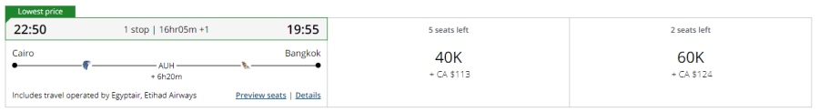 CAI to BKK for 40K and 60K Emirates Aeroplan Award
