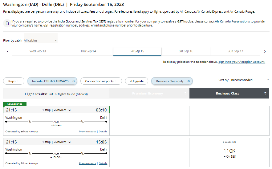 Etihad IAD to DEL for 110K Emirates Aeroplan Award