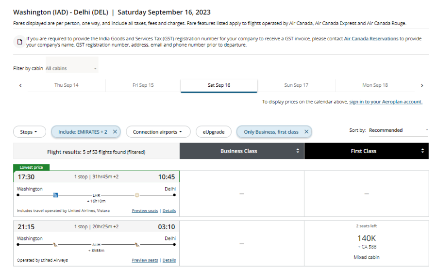 Etihad IAD to DEL for 140K Emirates Aeroplan Award