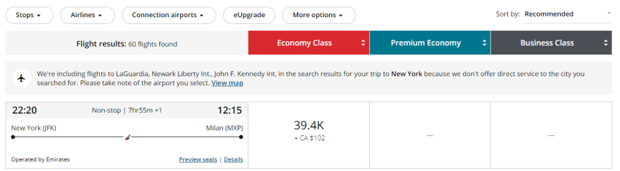 JFK ot Milan in Economy For 39.4K Emirates Aeroplan Award
